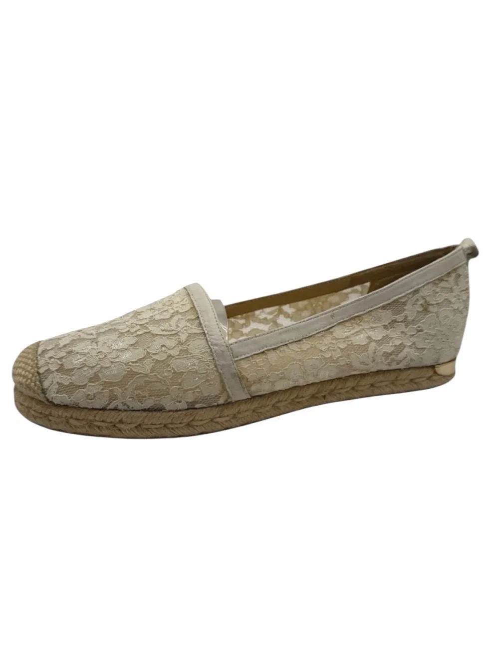 Stuart Weitzman‎ Meshuga Espadrille Flats Women 9 Ivory Lace Leather Trim Luxury